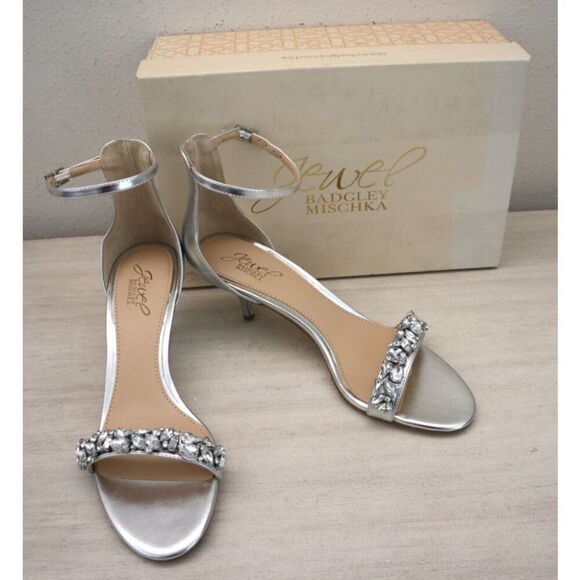 Jewel Badgley Mischka Women's Sz 8.5 Silver Dash Embellished Heel Sandals - Picture 1 of 16